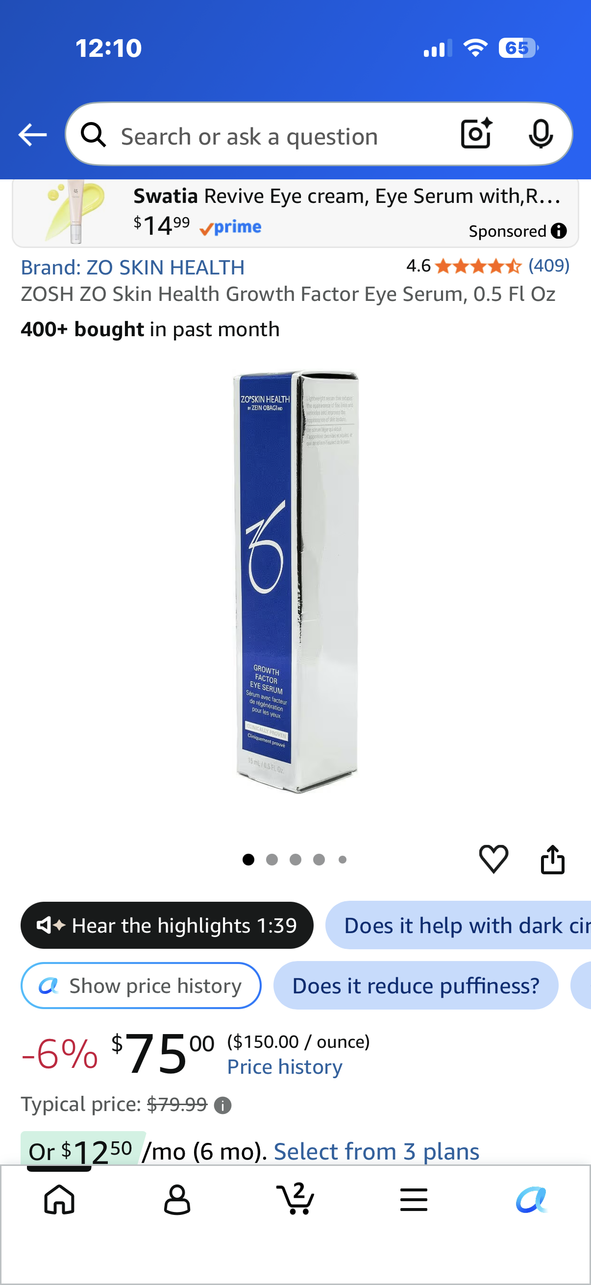 ZOSH ZO Luxury Skin Health Growth Factor Eye Serum, 0.5 Fl Oz