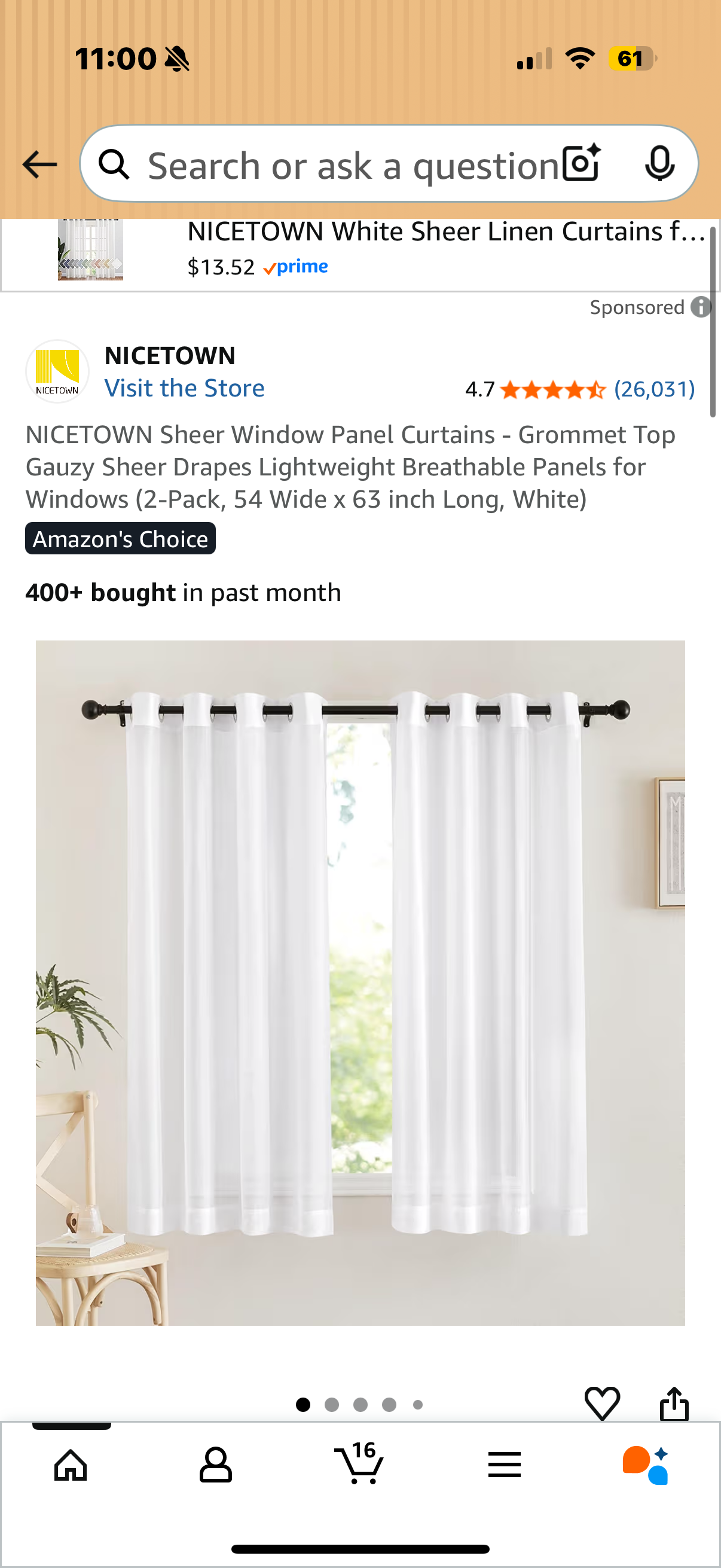 NICETOWN Sheer Window Panel Curtains - Grommet Top Gauzy Sheer Drapes Lightweight Breathable Panels for Windows (2-Pack, 54 Wide x 63 inch Long, White)