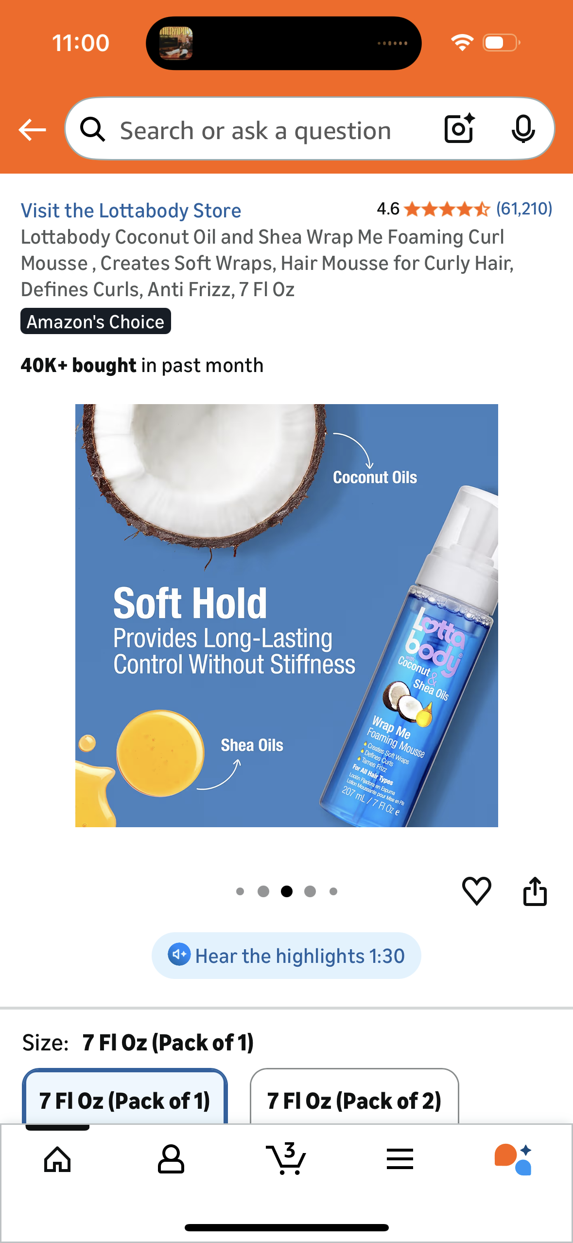 Lottabody Coconut Oil and Shea Wrap Me Foaming Curl Mousse , Creates Soft Wraps, Hair Mousse for Curly Hair, Defines Curls, Anti Frizz, 7 Fl Oz