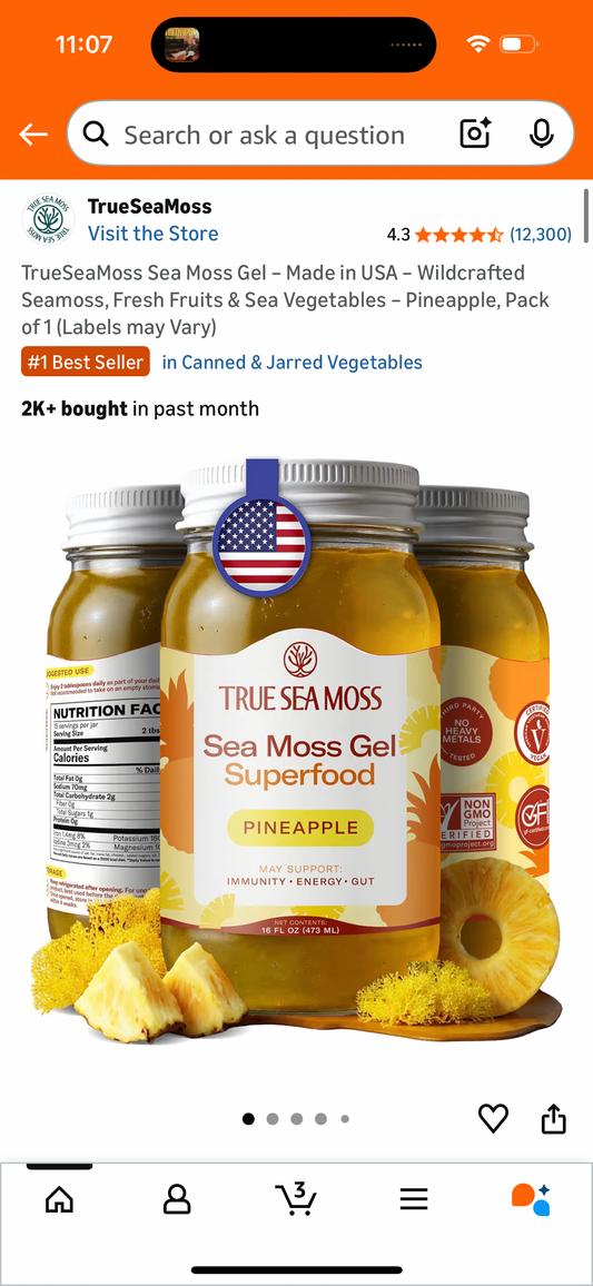 TrueSeaMoss Sea Moss Gel – Made in USA – Wildcrafted Seamoss, Fresh Fruits & Sea Vegetables – Pineapple, Pack of 1 (Labels may Vary)