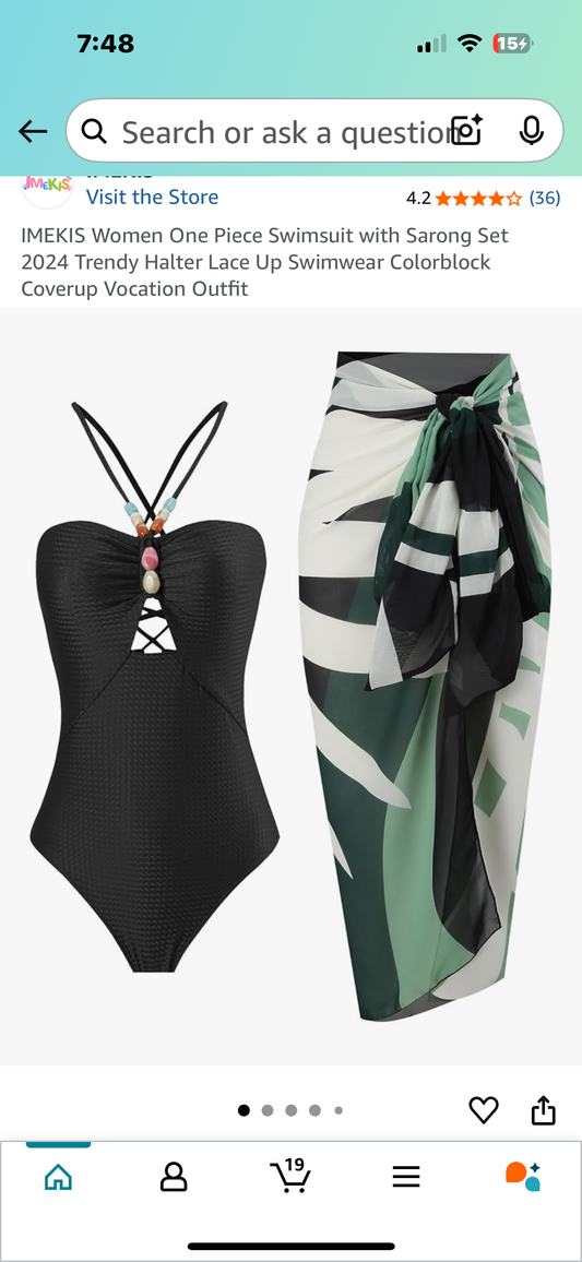 IMEKIS Women’s One Piece Swimsuit with Sarong, Halter Lace Up Swimwear Colorblock Coverup Vocation Outfit (Size Medium)
