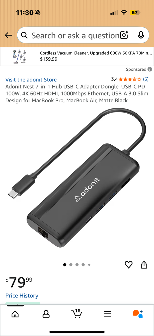 Adonit Nest 7-in-1 Hub USB-C Adapter Dongle, USB-C PD 100W, 4K 60Hz HDMI, 1000Mbps Ethernet, USB-A 3.0 Slim Design for MacBook Pro, MacBook Air, Matte Black