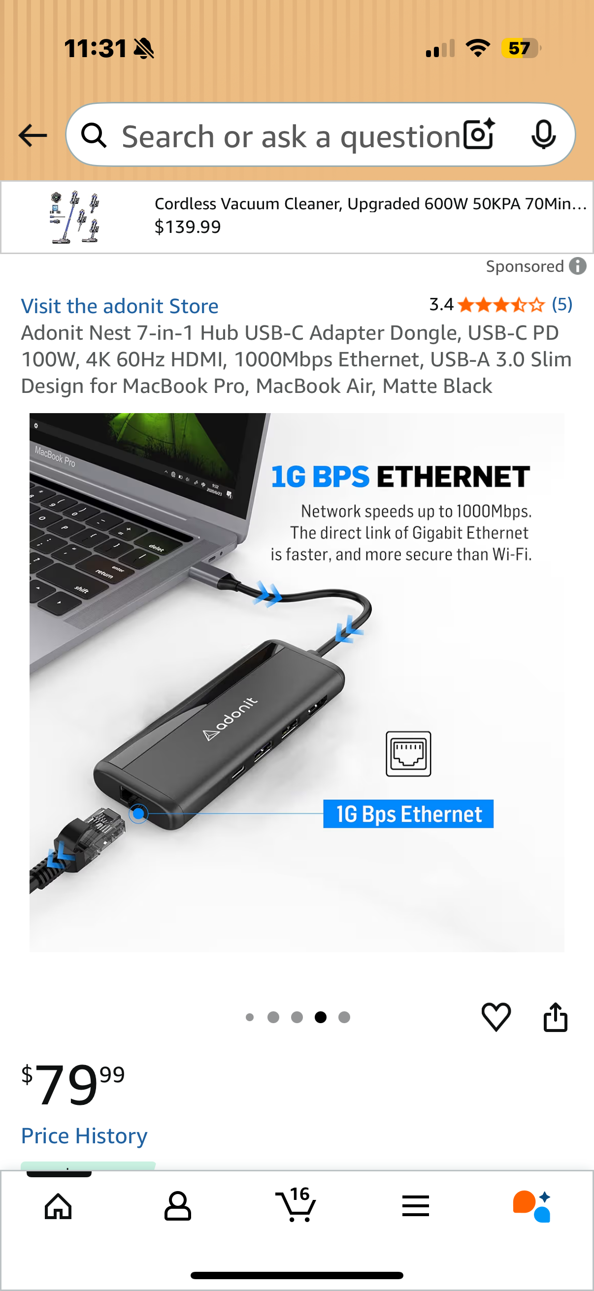 Adonit Nest 7-in-1 Hub USB-C Adapter Dongle, USB-C PD 100W, 4K 60Hz HDMI, 1000Mbps Ethernet, USB-A 3.0 Slim Design for MacBook Pro, MacBook Air, Matte Black