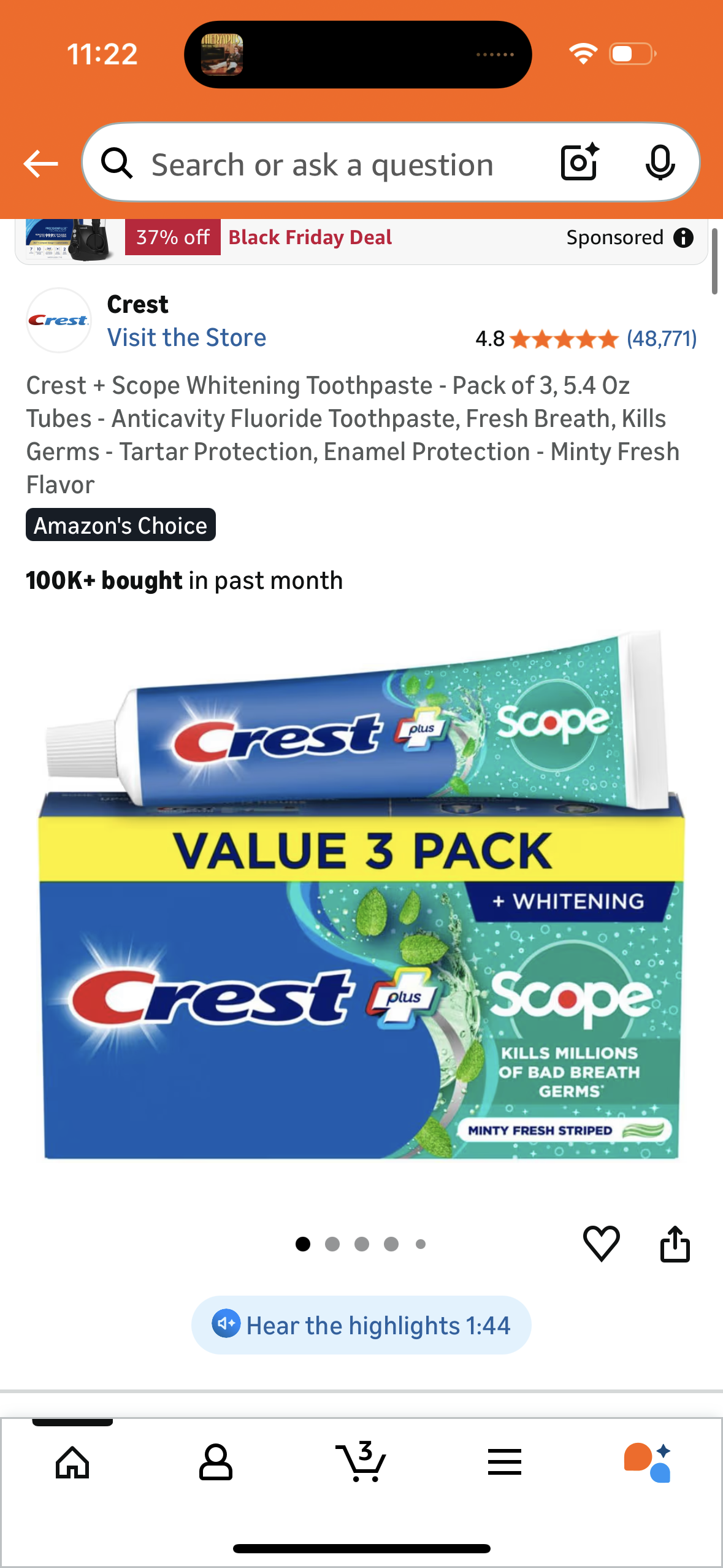 Crest + Scope Whitening Toothpaste - Pack of 3, 5.4 Oz Tubes - Anticavity Fluoride Toothpaste, Fresh Breath, Kills Germs - Tartar Protection, Enamel Protection - Minty Fresh Flavor