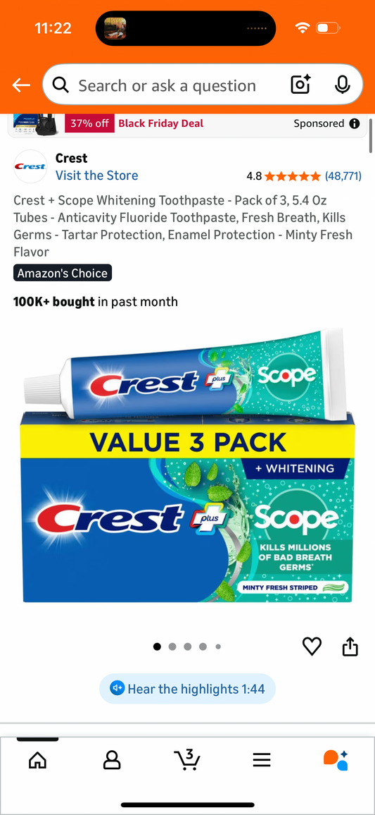 Crest + Scope Whitening Toothpaste - Pack of 3, 5.4 Oz Tubes - Anticavity Fluoride Toothpaste, Fresh Breath, Kills Germs - Tartar Protection, Enamel Protection - Minty Fresh Flavor