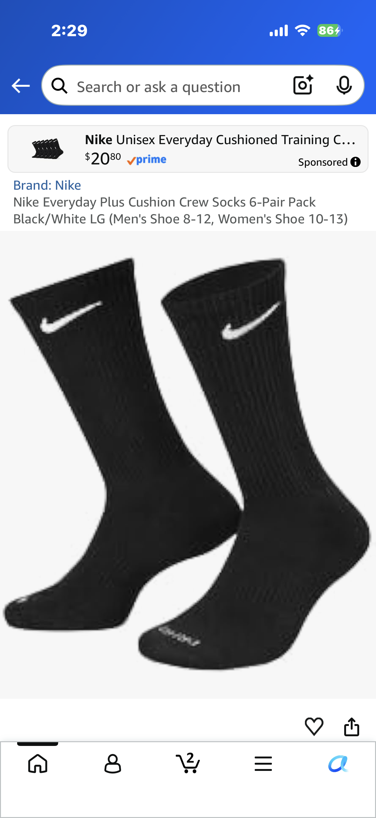 Nike Everyday Plus Cushion Crew Socks 6-Pair Pack Black/White LG (Men's Shoe 8-12, Women's Shoe 10-13