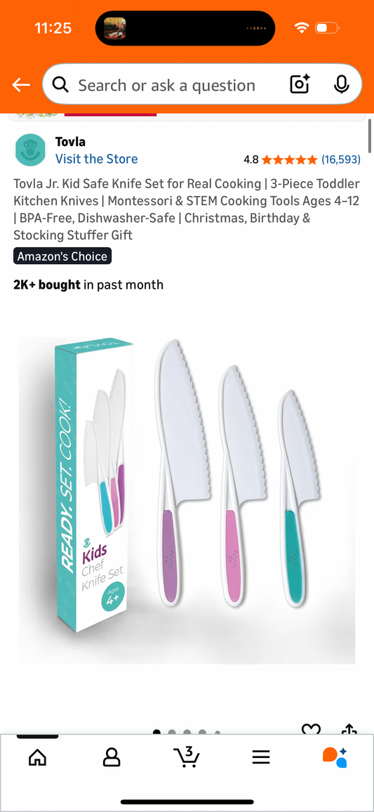 Tovla Jr. Kid Safe Knife Set for Real Cooking | 3-Piece Toddler Kitchen Knives | Montessori & STEM Cooking Tools Ages 4–12 | BPA-Free, Dishwasher-Safe | Christmas, Birthday & Stocking Stuffer Gift