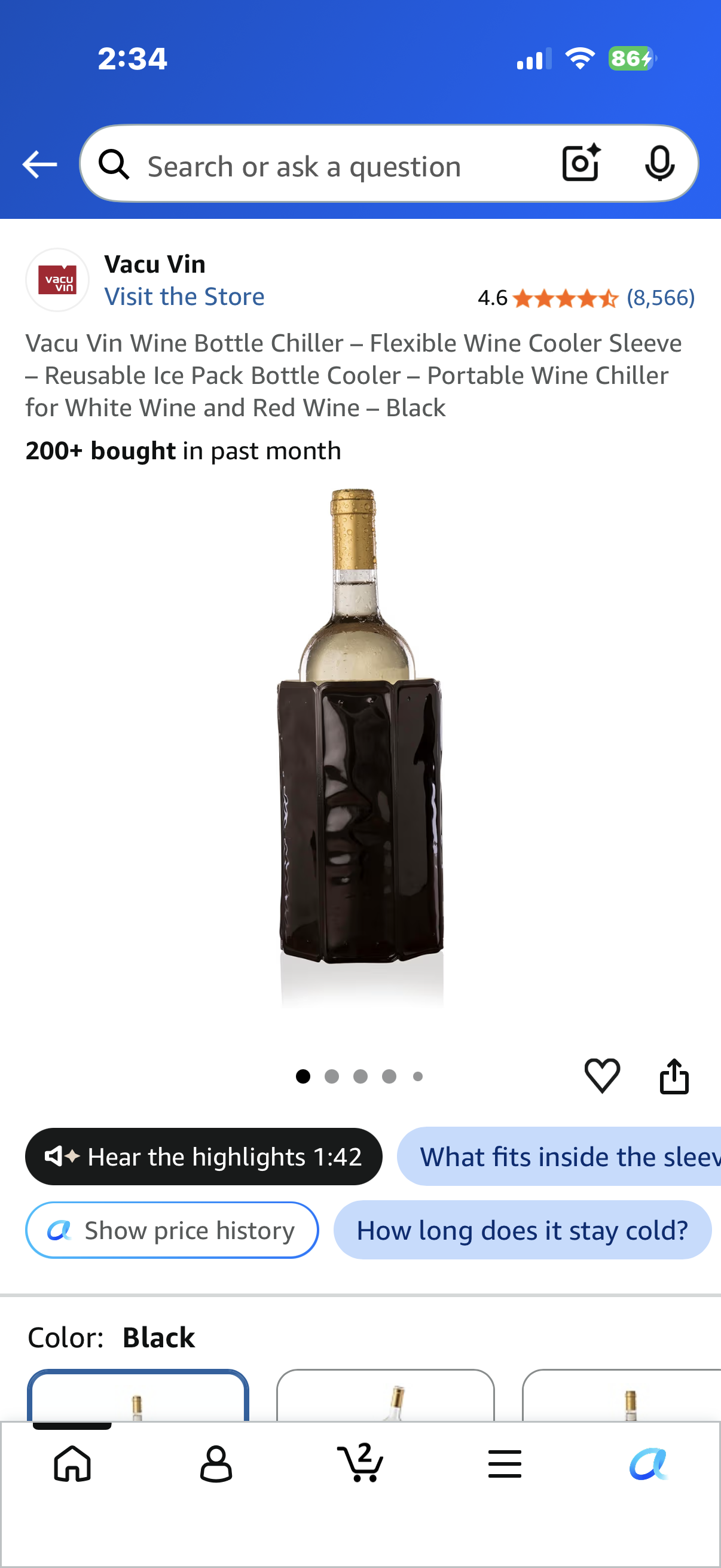 Vacu Vin Wine Bottle Chiller – Flexible Wine Cooler Sleeve – Reusable Ice Pack Bottle Cooler – Portable Wine Chiller for White Wine and Red Wine – Black