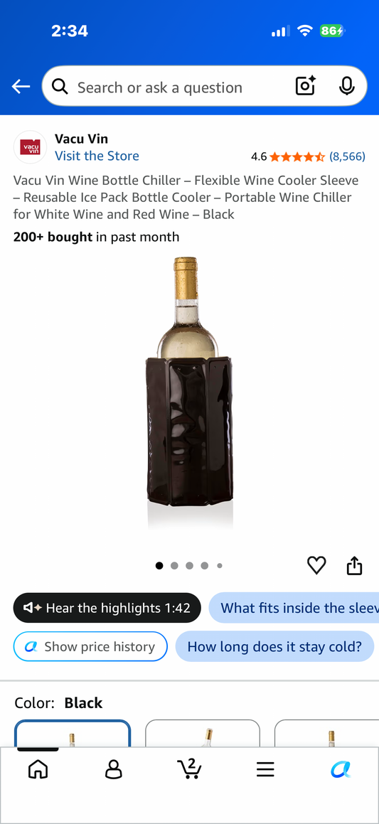 Vacu Vin Wine Bottle Chiller – Flexible Wine Cooler Sleeve – Reusable Ice Pack Bottle Cooler – Portable Wine Chiller for White Wine and Red Wine – Black