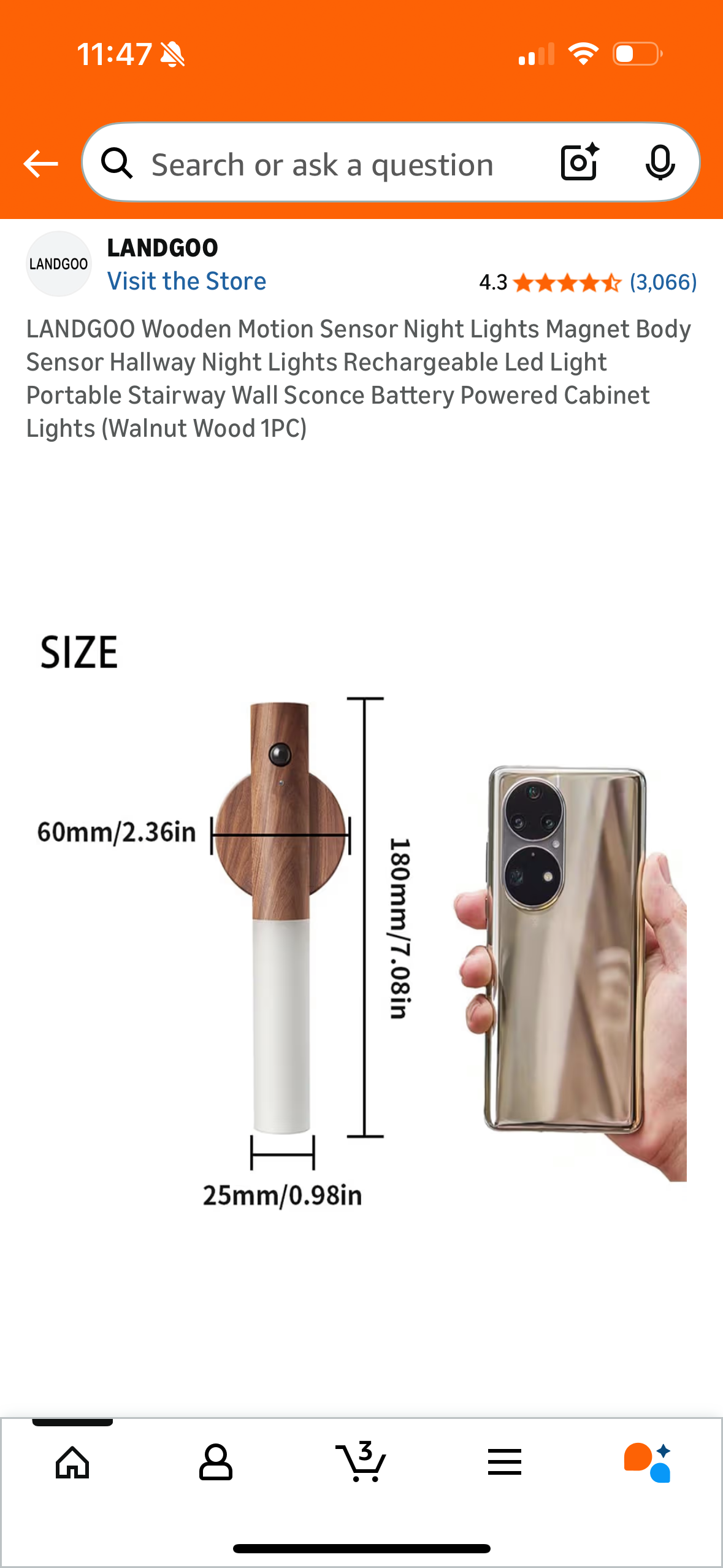 LANDGOO Wooden Motion Sensor Night Lights Magnet Body Sensor Hallway Night Lights Rechargeable Led Light Portable Stairway Wall Sconce Battery Powered Cabinet Lights (Walnut Wood 1PC)