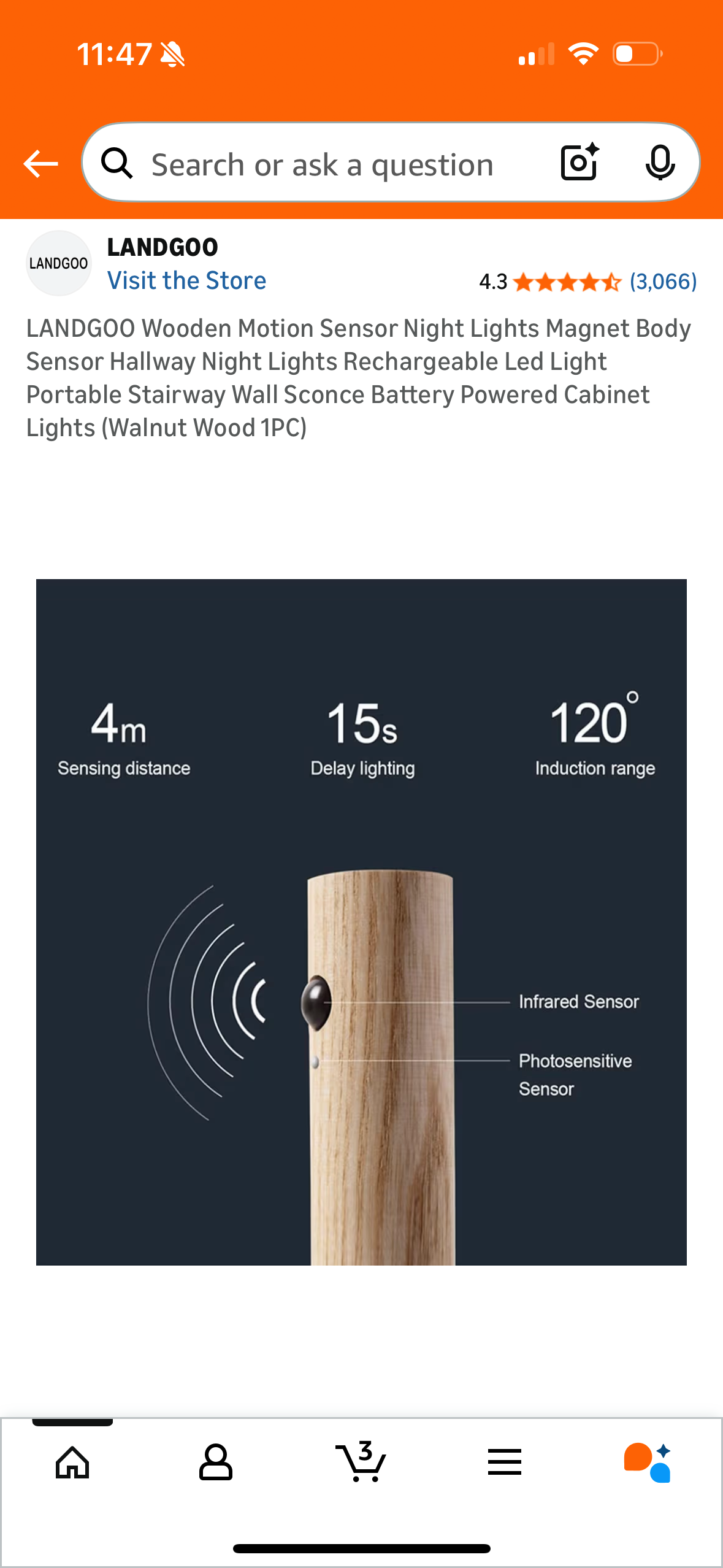 LANDGOO Wooden Motion Sensor Night Lights Magnet Body Sensor Hallway Night Lights Rechargeable Led Light Portable Stairway Wall Sconce Battery Powered Cabinet Lights (Walnut Wood 1PC)