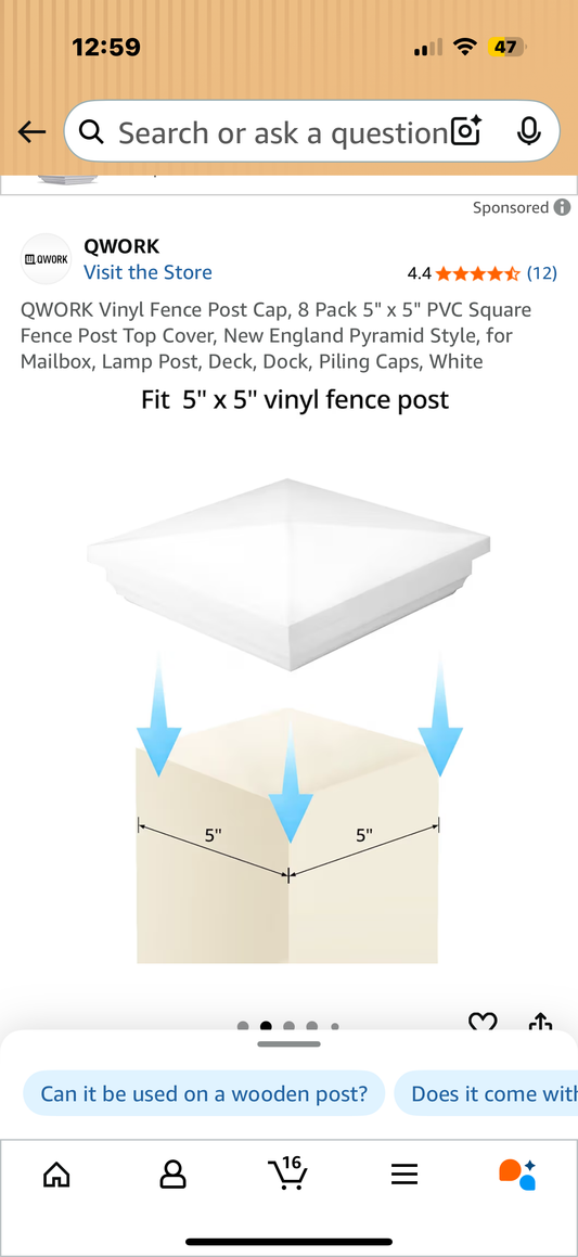 QWORK Vinyl Fence Post Cap, 8 Pack 5" x 5" PVC Square Fence Post Top Cover, New England Pyramid Style, for Mailbox, Lamp Post, Deck, Dock, Piling Caps, White