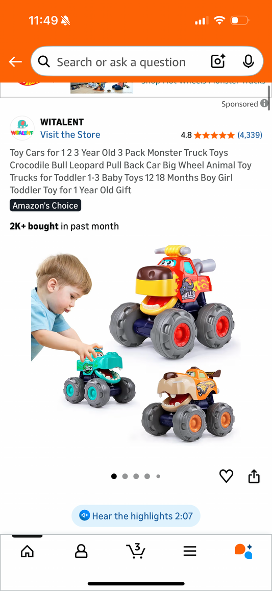 Toy Cars for 1 2 3 Year Old 3 Pack Monster Truck Toys Crocodile Bull Leopard Pull Back Car Big Wheel Animal Toy Trucks for Toddler 1-3 Baby Toys 12 18 Months Boy Girl Toddler Toy for 1 Year Old Gift