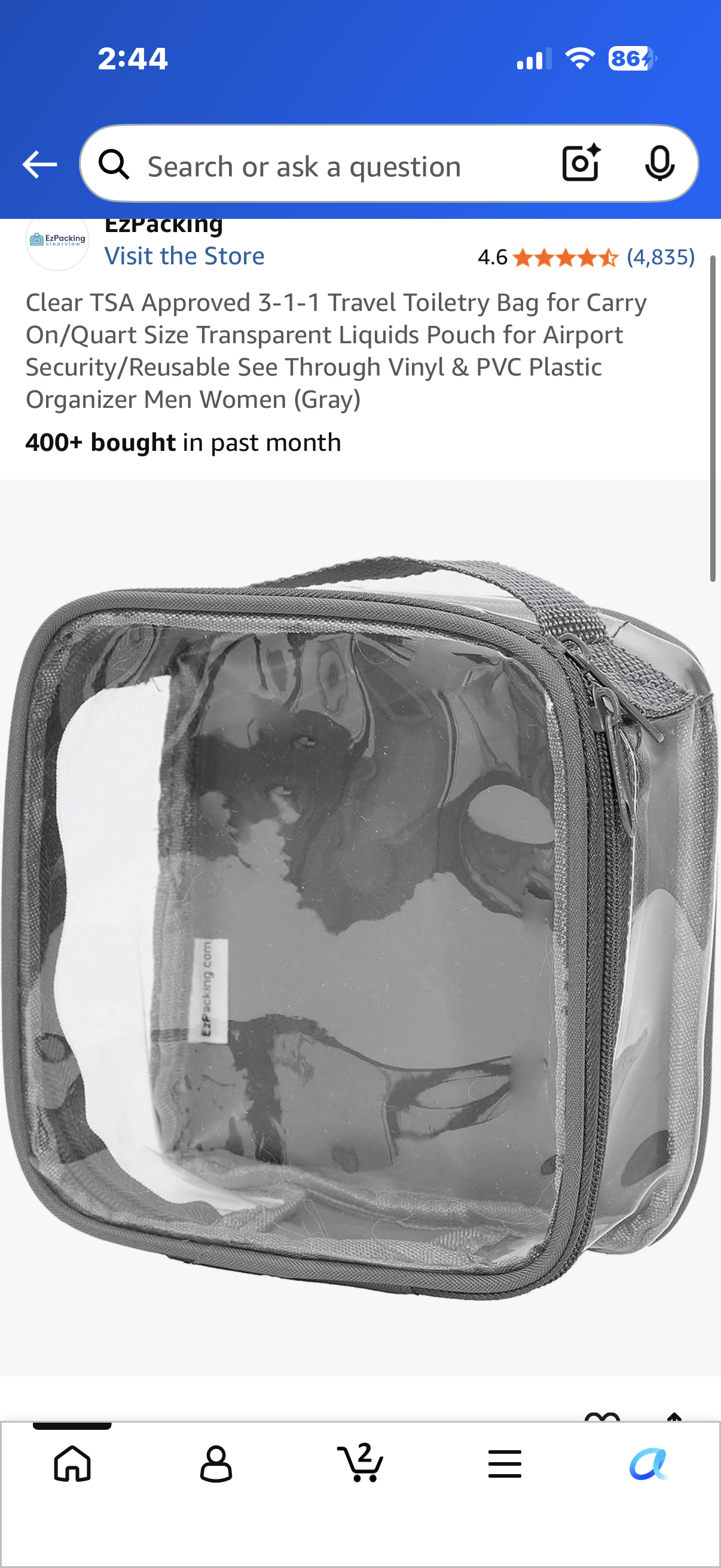 Clear TSA Approved 3-1-1 Travel Toiletry Bag for Carry On/Quart Size Transparent Liquids Pouch for Airport Security/Reusable See Through Vinyl & PVC Plastic Organizer Men Women (Gray