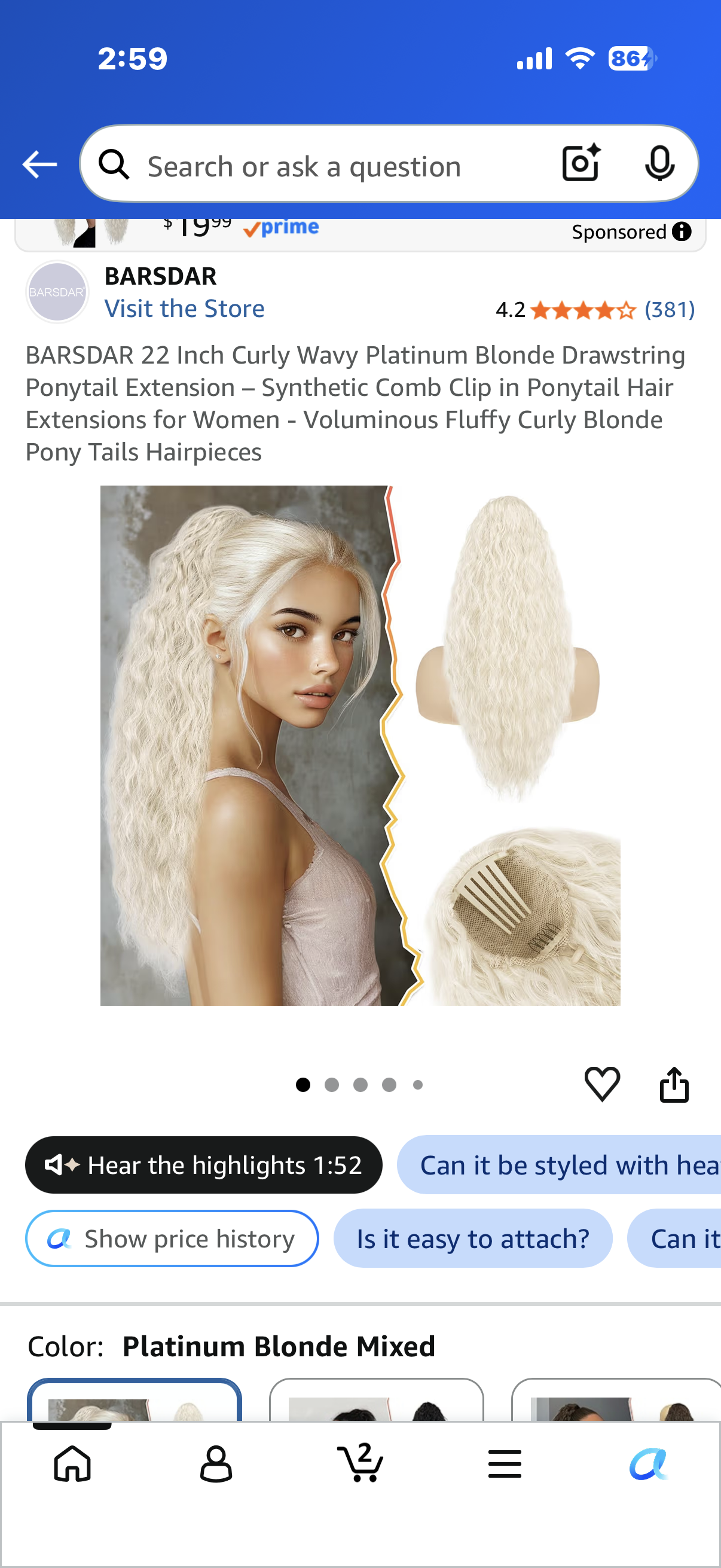 BARSDAR 22 Inch Curly Wavy Platinum Blonde Drawstring Ponytail Extension – Synthetic Comb Clip in Ponytail Hair Extensions for Women - Voluminous Fluffy Curly Blonde Pony Tails Hairpieces
