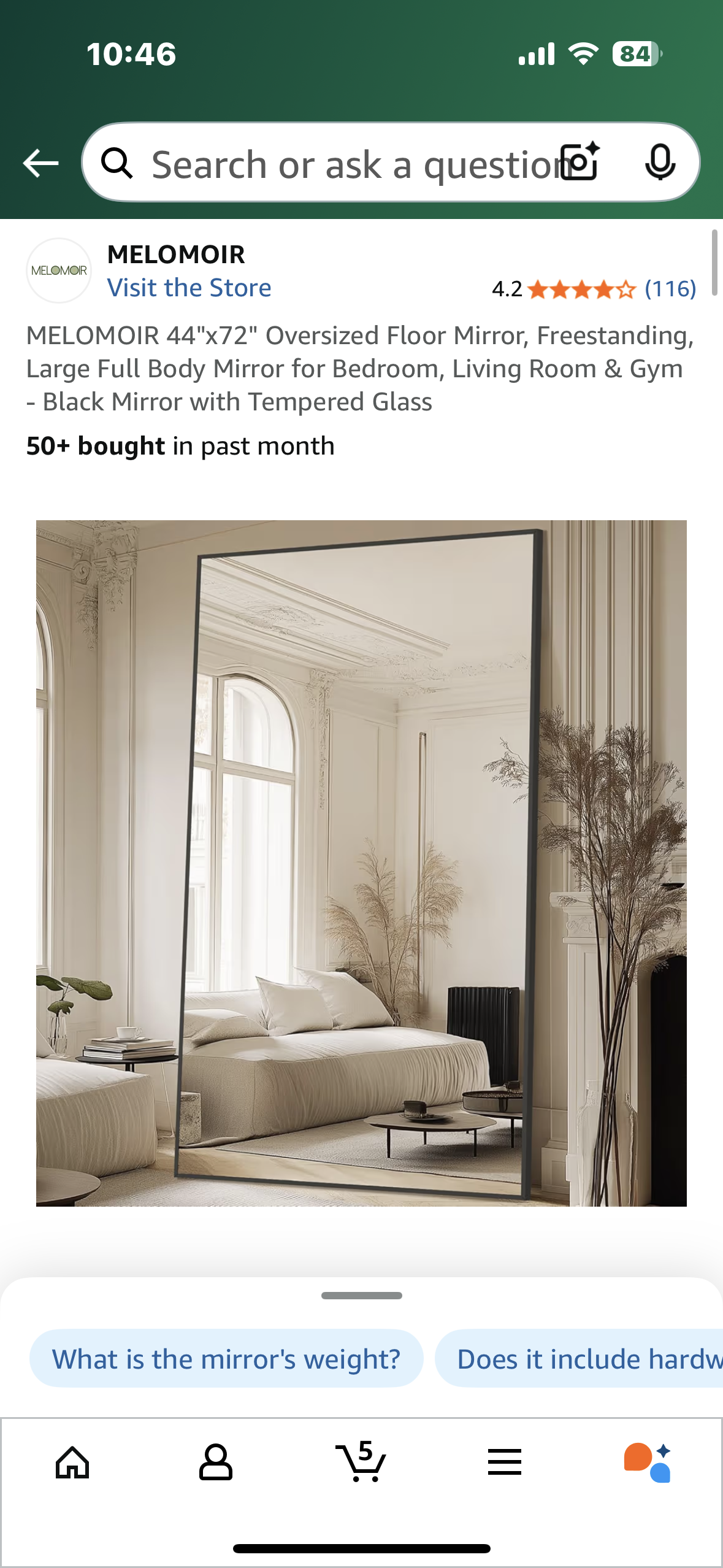 MELOMOIR 44"x72" Oversized Floor Mirror, Freestanding Large Full Body Mirror for Bedroom, Living Room & Gym - Black Mirror with Tempered Glass (M406)