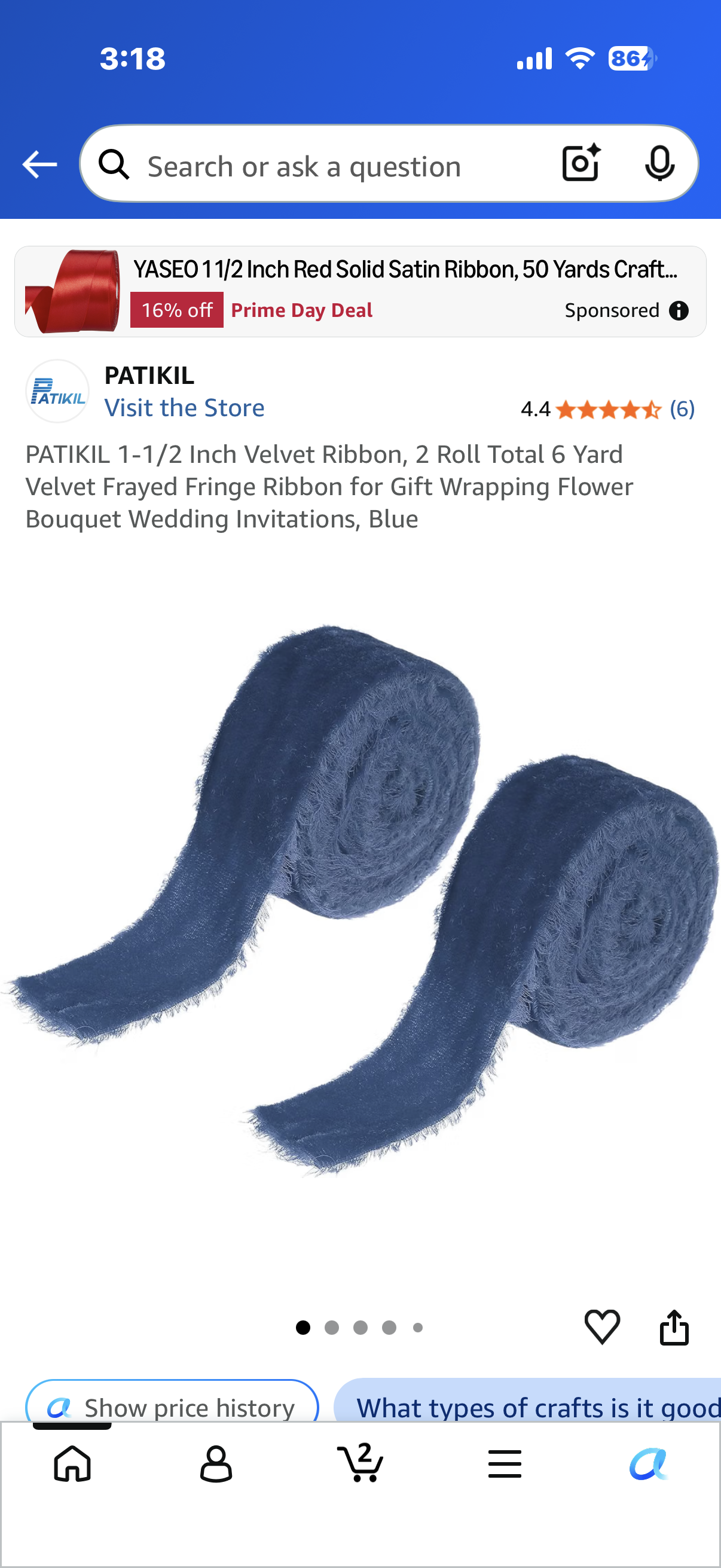 PATIKIL 1-1/2 Inch Velvet Ribbon, 2 Roll Total 6 Yard Velvet Frayed Fringe Ribbon for Gift Wrapping Flower Bouquet Wedding Invitations, Blue