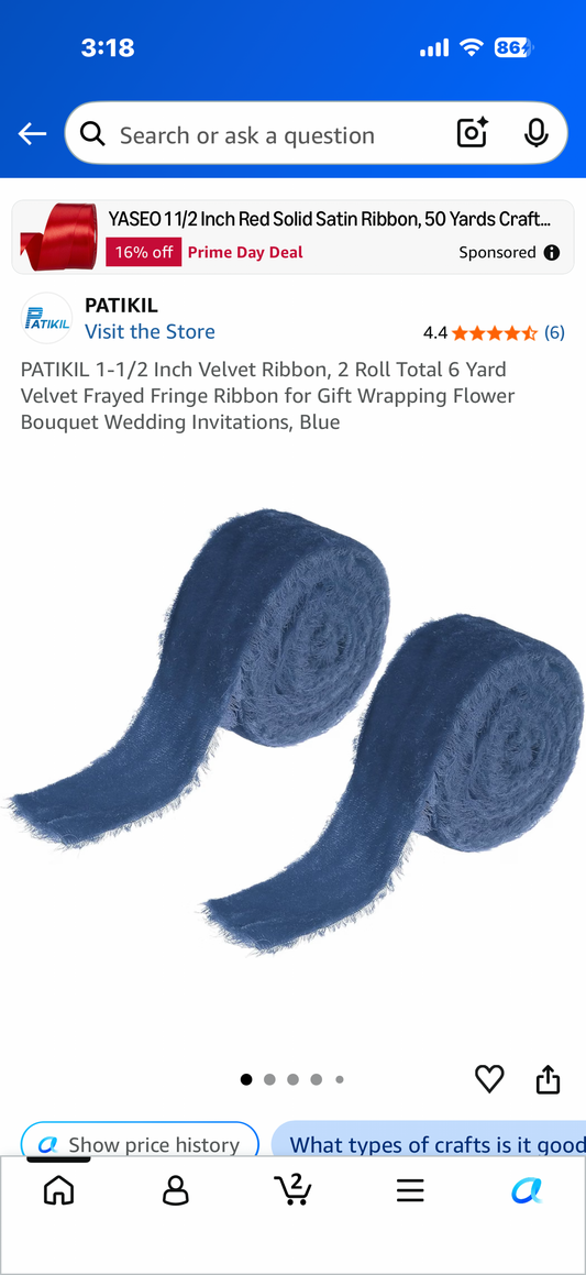 PATIKIL 1-1/2 Inch Velvet Ribbon, 2 Roll Total 6 Yard Velvet Frayed Fringe Ribbon for Gift Wrapping Flower Bouquet Wedding Invitations, Blue
