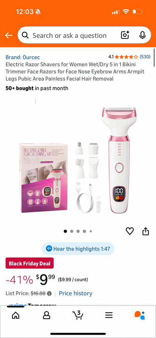 Electric Razor Shavers for Women Wet/Dry 5 in 1 Bikini Trimmer Face Razors for Face Nose Eyebrow Arms Armpit Legs Pubic Area Painless Facial Hair Removal