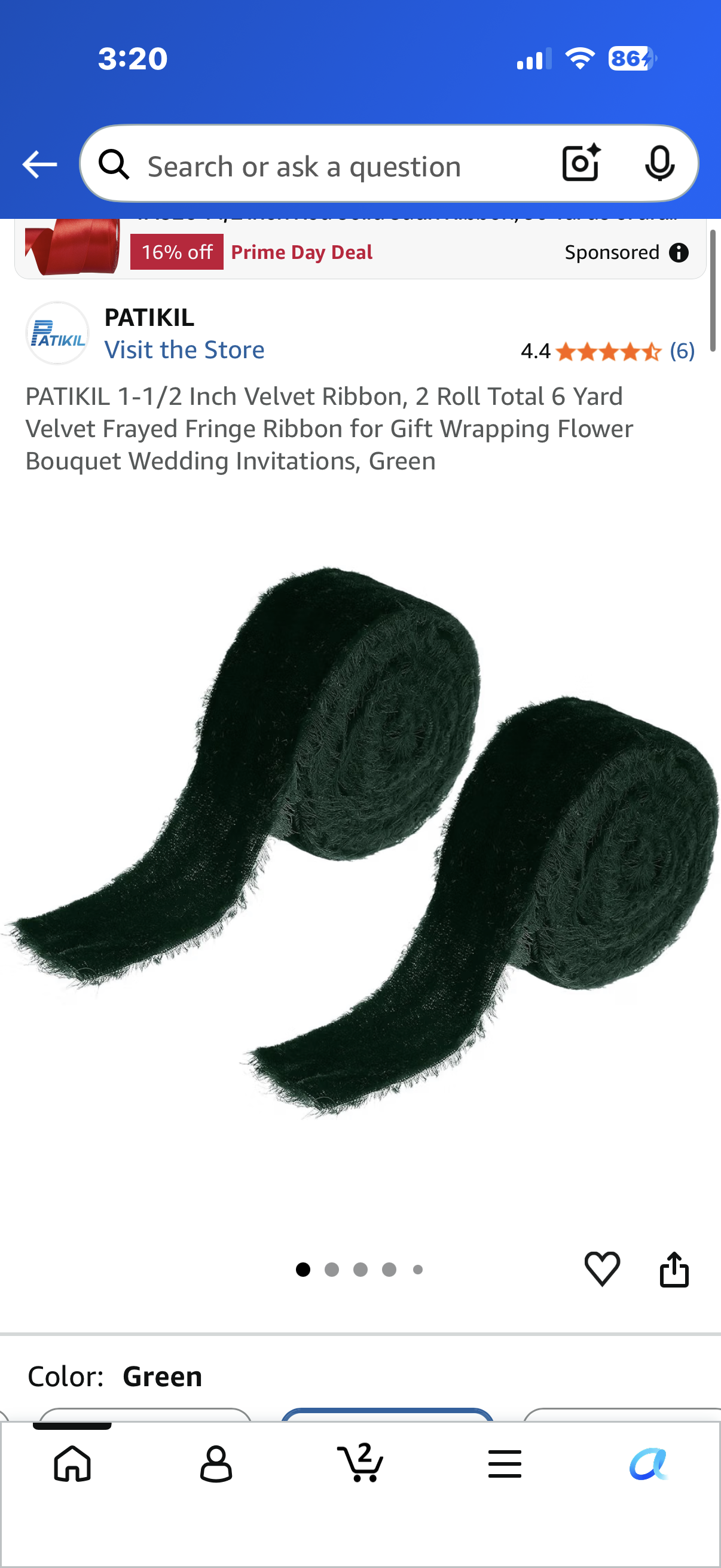 PATIKIL 1-1/2 Inch Velvet Ribbon, 2 Roll Total 6 Yard Velvet Frayed Fringe Ribbon for Gift Wrapping Flower Bouquet Wedding Invitations, Dark Green