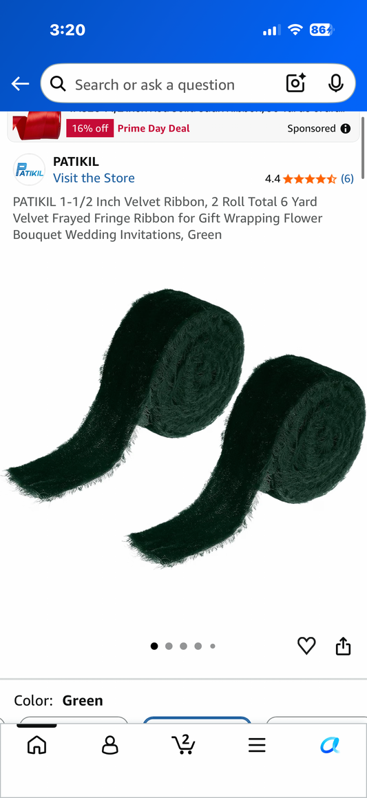 PATIKIL 1-1/2 Inch Velvet Ribbon, 2 Roll Total 6 Yard Velvet Frayed Fringe Ribbon for Gift Wrapping Flower Bouquet Wedding Invitations, Dark Green
