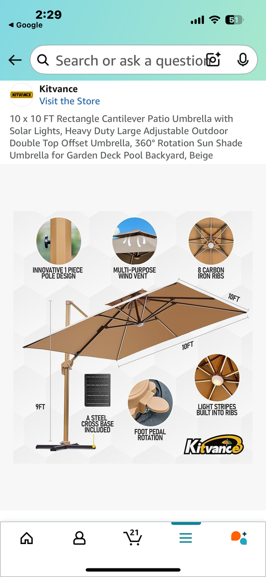 10 x 10 FT Rectangle Cantilever Patio Umbrella with Solar Lights, Heavy Duty Large Adjustable Outdoor Double Top Offset Umbrella, 360° Rotation Sun Shade Umbrella for Garden Deck Pool Backyard, Beige (G823)