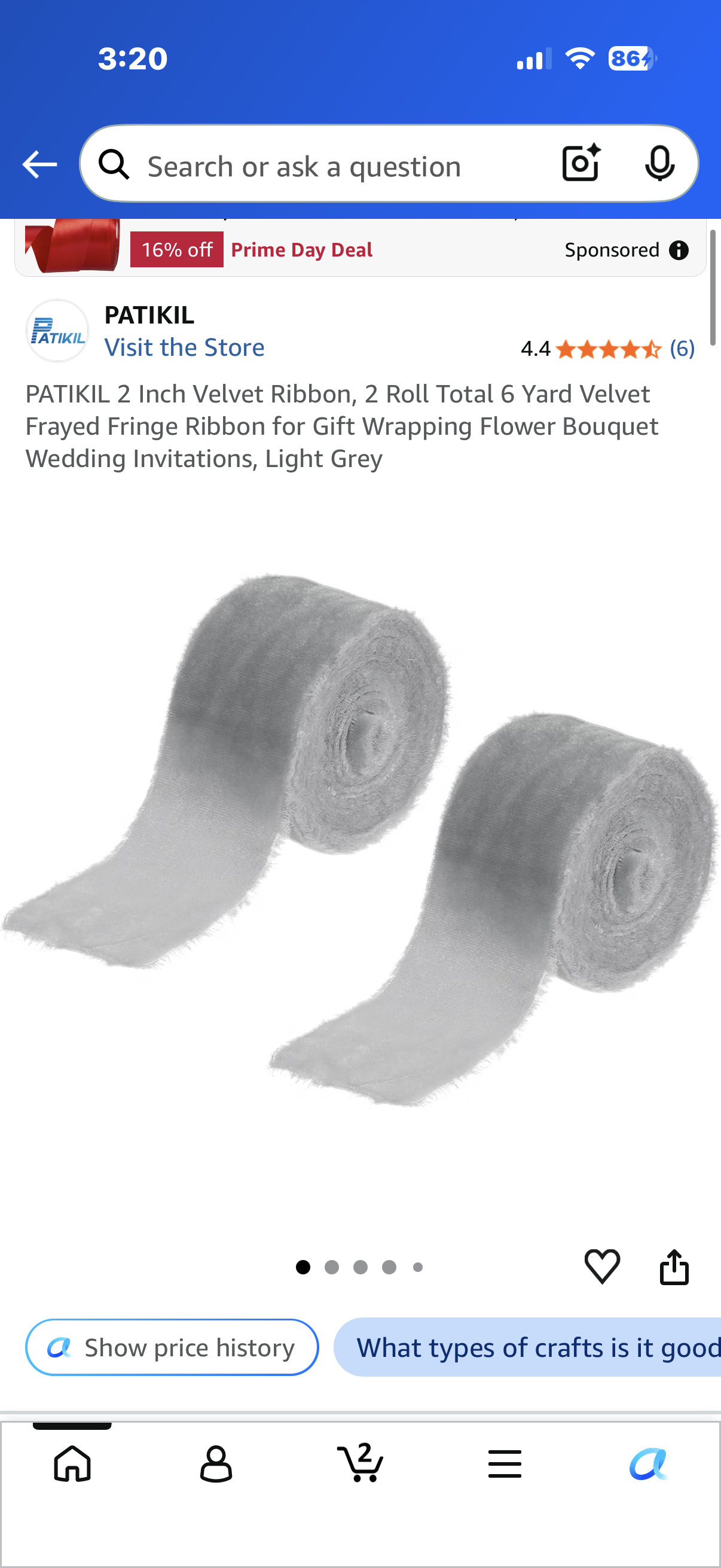 PATIKIL 1-1/2 Inch Velvet Ribbon, 2 Roll Total 6 Yard Velvet Frayed Fringe Ribbon for Gift Wrapping Flower Bouquet Wedding Invitations, Light Grey