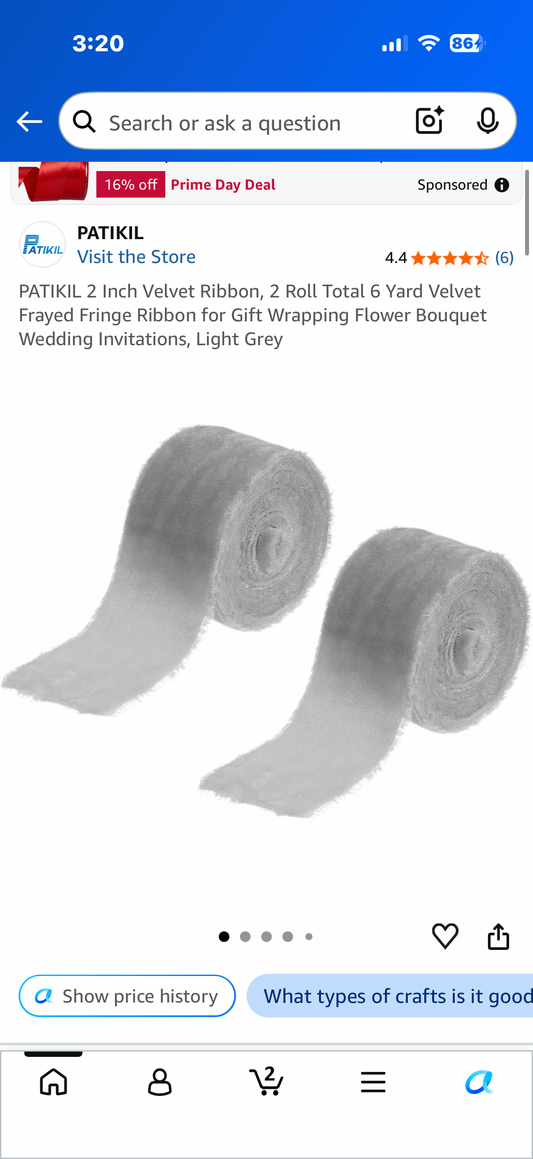 PATIKIL 1-1/2 Inch Velvet Ribbon, 2 Roll Total 6 Yard Velvet Frayed Fringe Ribbon for Gift Wrapping Flower Bouquet Wedding Invitations, Light Grey