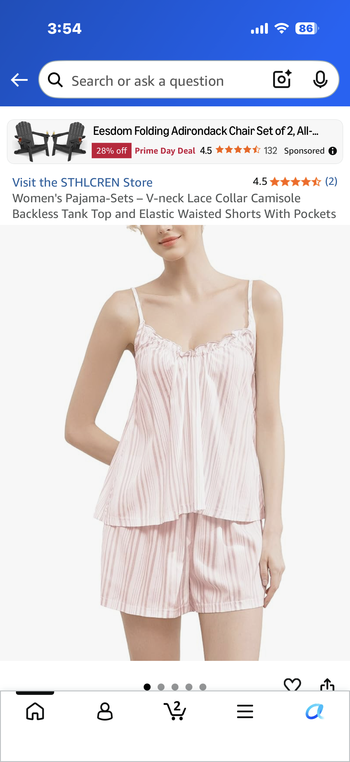 Women's Pajama-Sets – V-neck Lace Collar Camisole Backless Tank Top and Elastic Waisted Shorts With Pockets (Size XL)