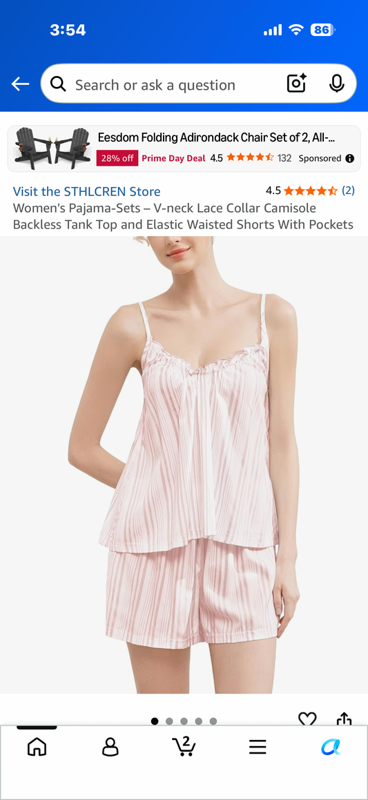 Women's Pajama-Sets – V-neck Lace Collar Camisole Backless Tank Top and Elastic Waisted Shorts With Pockets (Size XL)