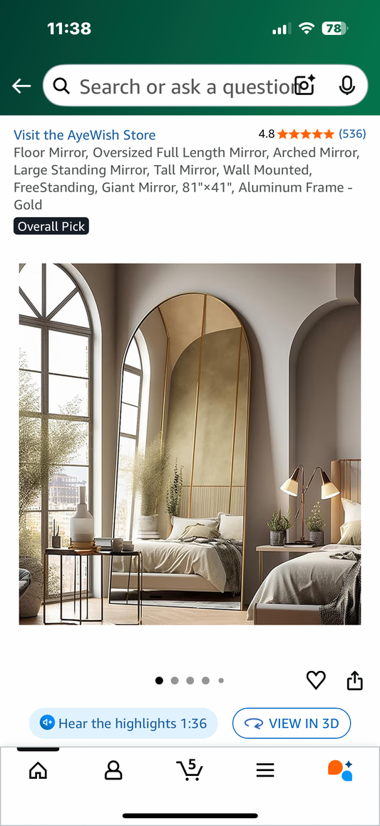 81"×41" Oversized Full Length Mirror, Gold Arched Mirror, Wall Mounted/FreeStanding, Giant Mirror, Aluminum Frame - Gold (M407)