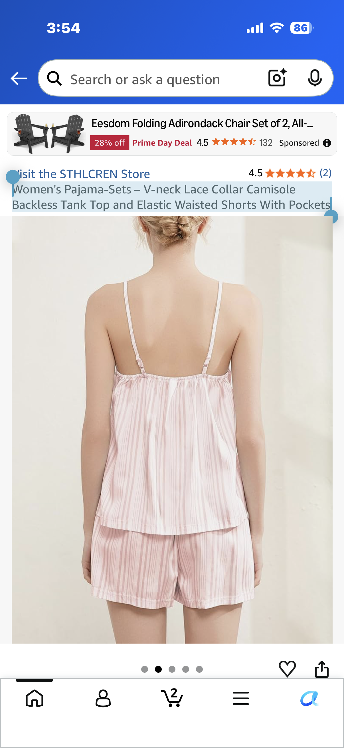 Women's Pajama-Sets – V-neck Lace Collar Camisole Backless Tank Top and Elastic Waisted Shorts With Pockets (Size XL)