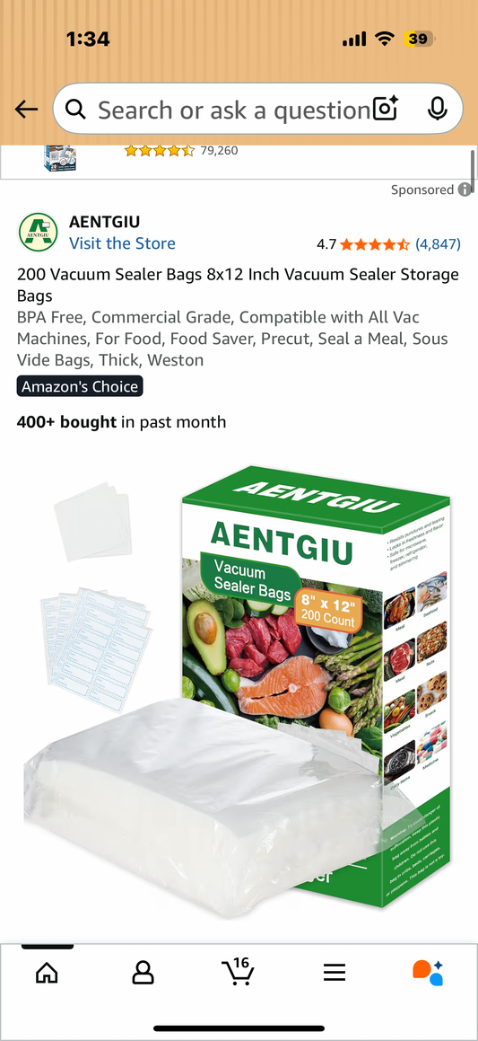 200 Vacuum Sealer Bags 8x12 Inch Vacuum Sealer Storage Bags BPA Free, Commercial Grade, Compatible with All Vac Machines, For Food, Food Saver, Precut, Seal a Meal, Sous Vide Bags, Thick, Weston