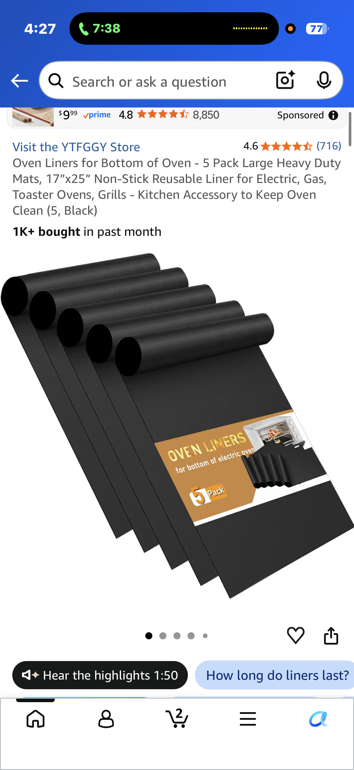Oven Liners for Bottom of Oven - 5 Pack Large Heavy Duty Mats, 17”x25” Non-Stick Reusable Liner for Electric, Gas, Toaster Ovens, Grills - Kitchen Accessory to Keep Oven Clean (5, Black)