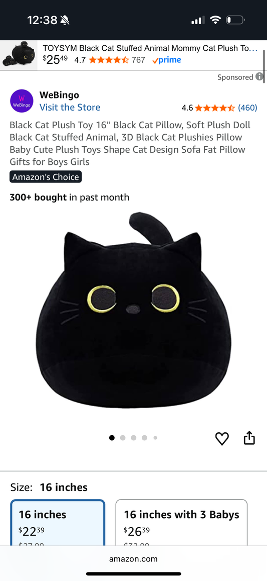 Black Cat Plush Toy 16'' Black Cat Pillow, Soft Plush Doll Black Cat Stuffed Animal, 3D Black Cat Plushies Pillow Baby Cute Plush Toys Shape Cat Design Sofa Fat Pillow Gifts for Boys Girls