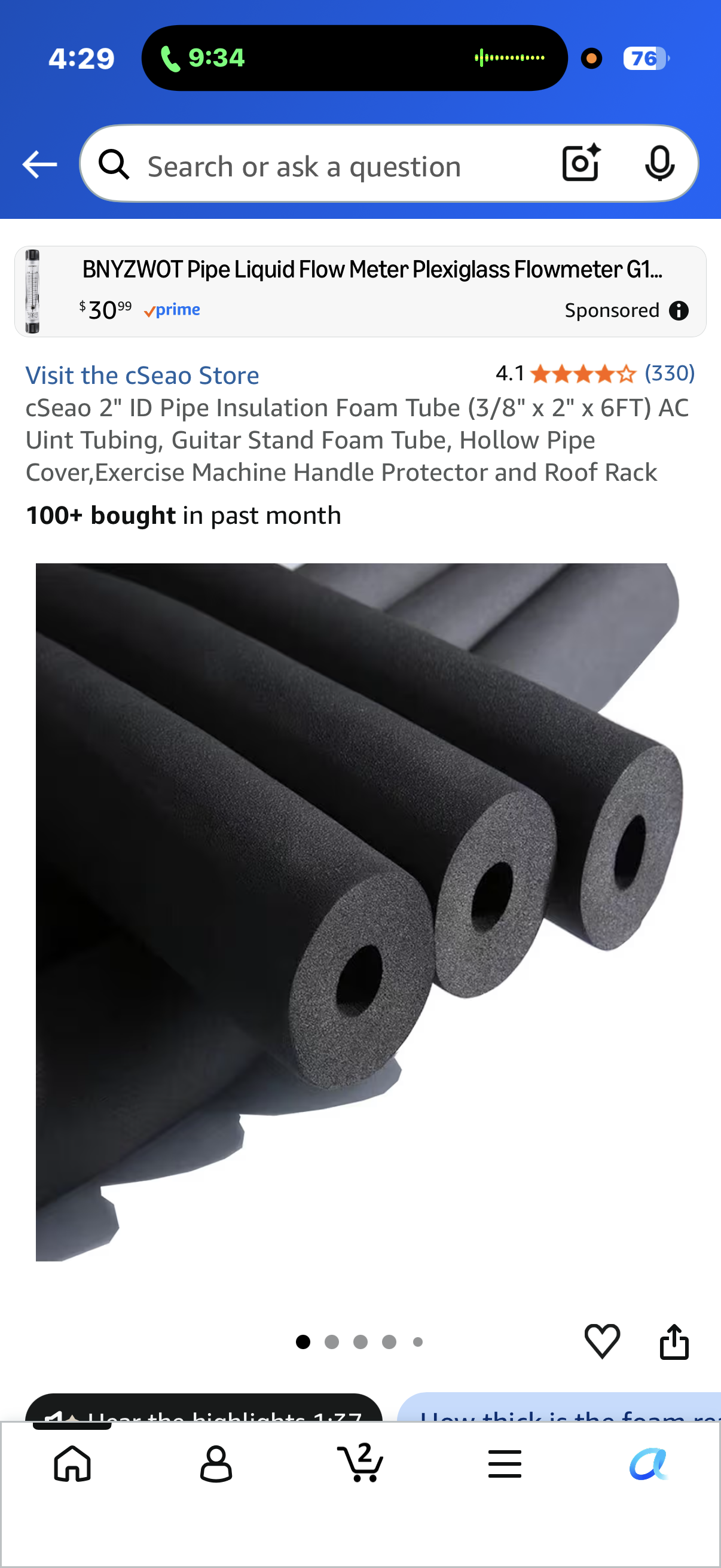 cSeao 2" ID Pipe Insulation Foam Tube (3/8" x 2" x 6FT) AC Uint Tubing, Guitar Stand Foam Tube, Hollow Pipe Cover,Exercise Machine Handle Protector and Roof Rack