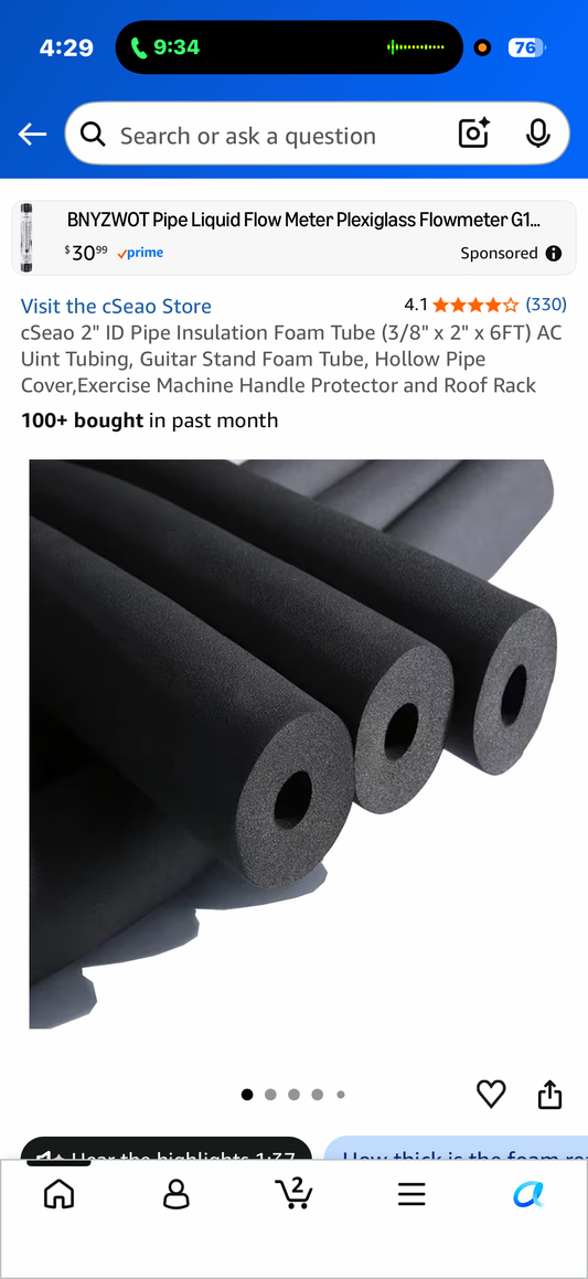 cSeao 2" ID Pipe Insulation Foam Tube (3/8" x 2" x 6FT) AC Uint Tubing, Guitar Stand Foam Tube, Hollow Pipe Cover,Exercise Machine Handle Protector and Roof Rack