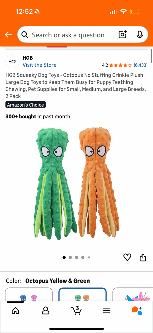 HGB Squeaky Dog Toys - Octopus No Stuffing Crinkle Plush Large Dog Toys to Keep Them Busy for Puppy Teething Chewing, Pet Supplies for Small, Medium, and Large Breeds, 2 Pack