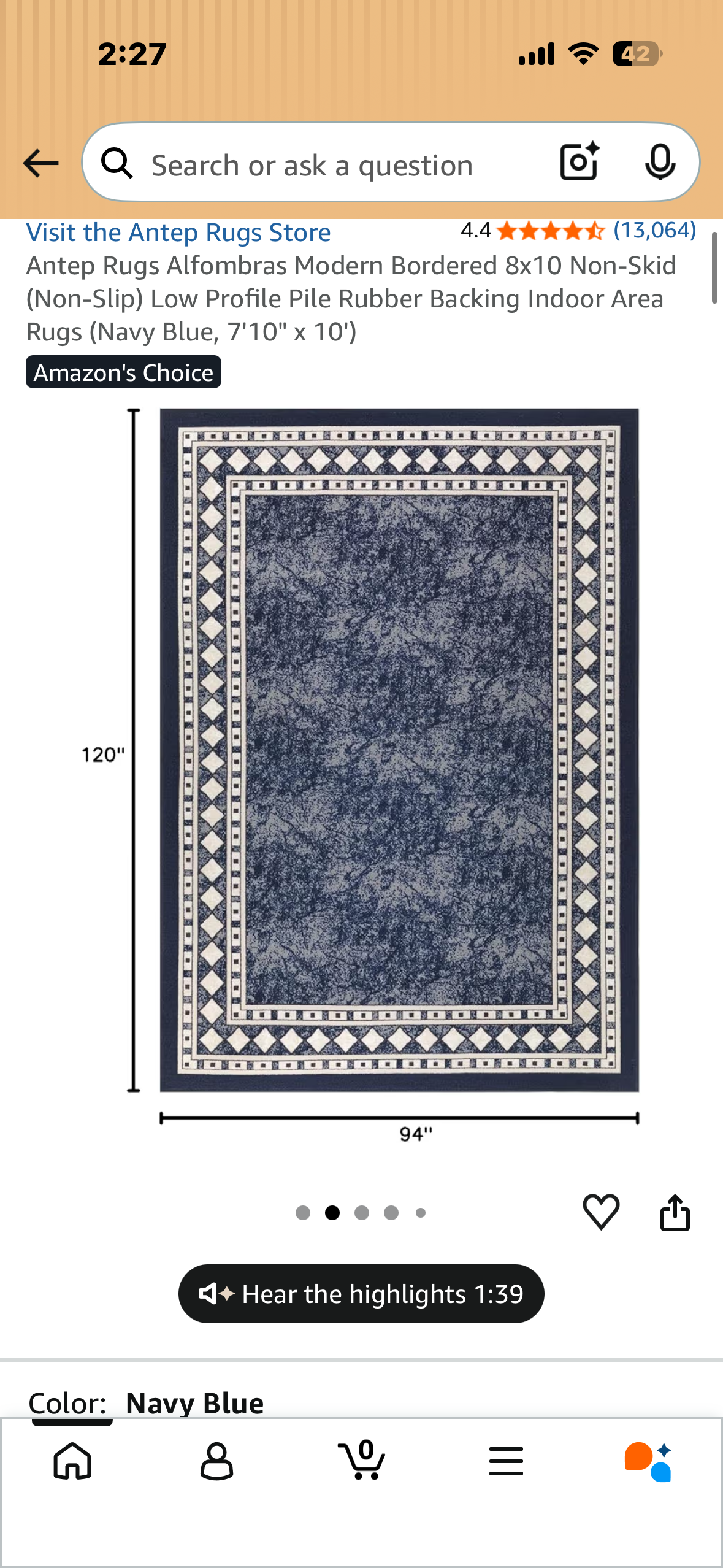 Antep Rugs Alfombras Modern Bordered 8x10 Non-Skid (Non-Slip) Low Profile Pile Rubber Backing Indoor Area Rugs (Navy Blue, 7'10" × 10') (L1251)