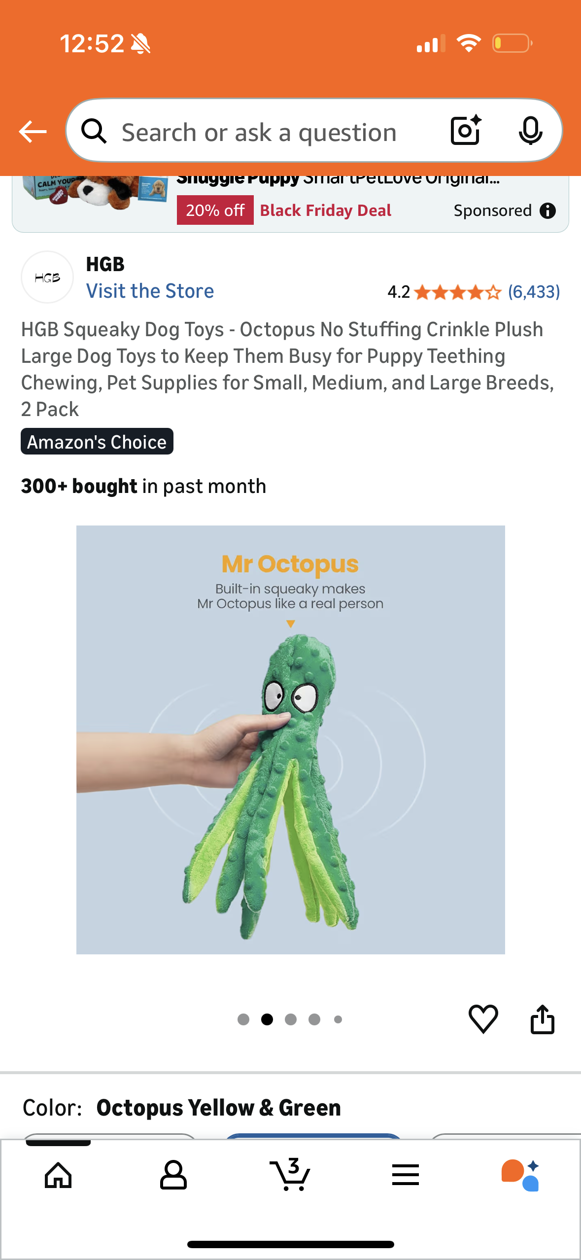 HGB Squeaky Dog Toys - Octopus No Stuffing Crinkle Plush Large Dog Toys to Keep Them Busy for Puppy Teething Chewing, Pet Supplies for Small, Medium, and Large Breeds, 2 Pack