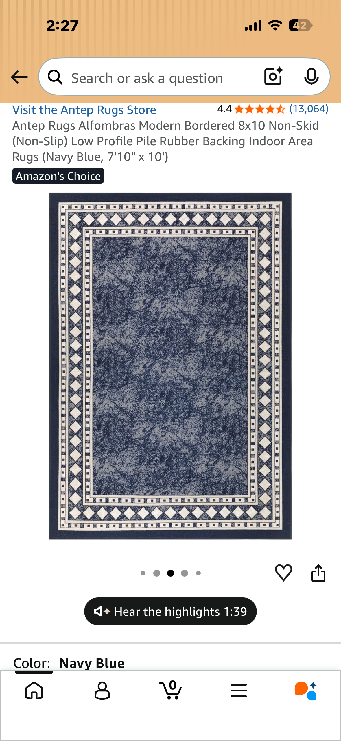 Antep Rugs Alfombras Modern Bordered 8x10 Non-Skid (Non-Slip) Low Profile Pile Rubber Backing Indoor Area Rugs (Navy Blue, 7'10" × 10') (L1251)
