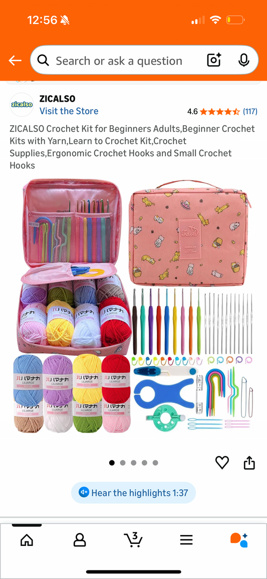 ZICALSO Crochet Kit for Beginners Adults,Beginner Crochet Kits with Yarn,Learn to Crochet Kit,Crochet Supplies,Ergonomic Crochet Hooks and Small Crochet Hooks