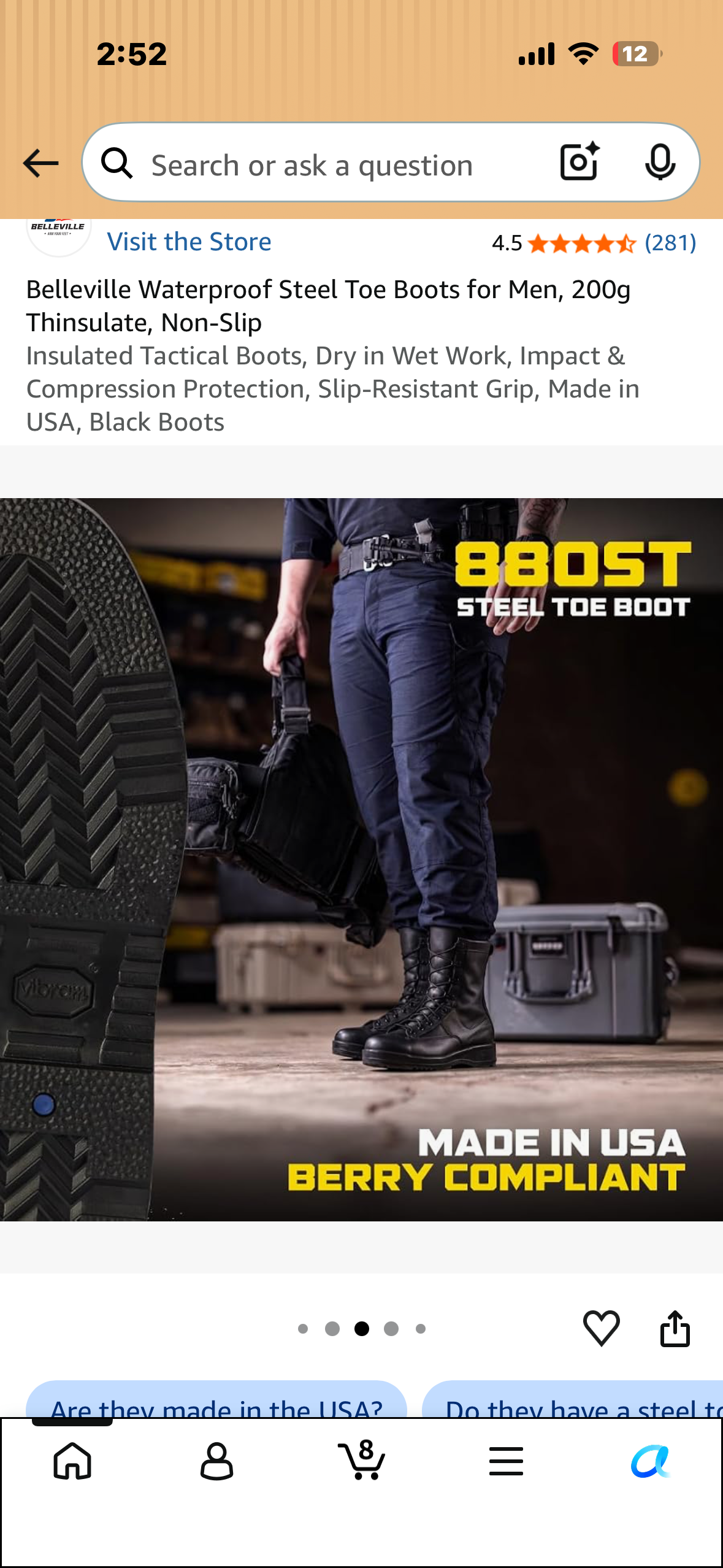 Belleville Waterproof Steel Toe Boots for Men, 200g Thinsulate, Non-Slip Insulated Tactical Boots, Dry in Wet Work, Impact & Compression Protection, Slip-Resistant Grip, Made in USA, Black Boots (Men’s 8.5 Wide)