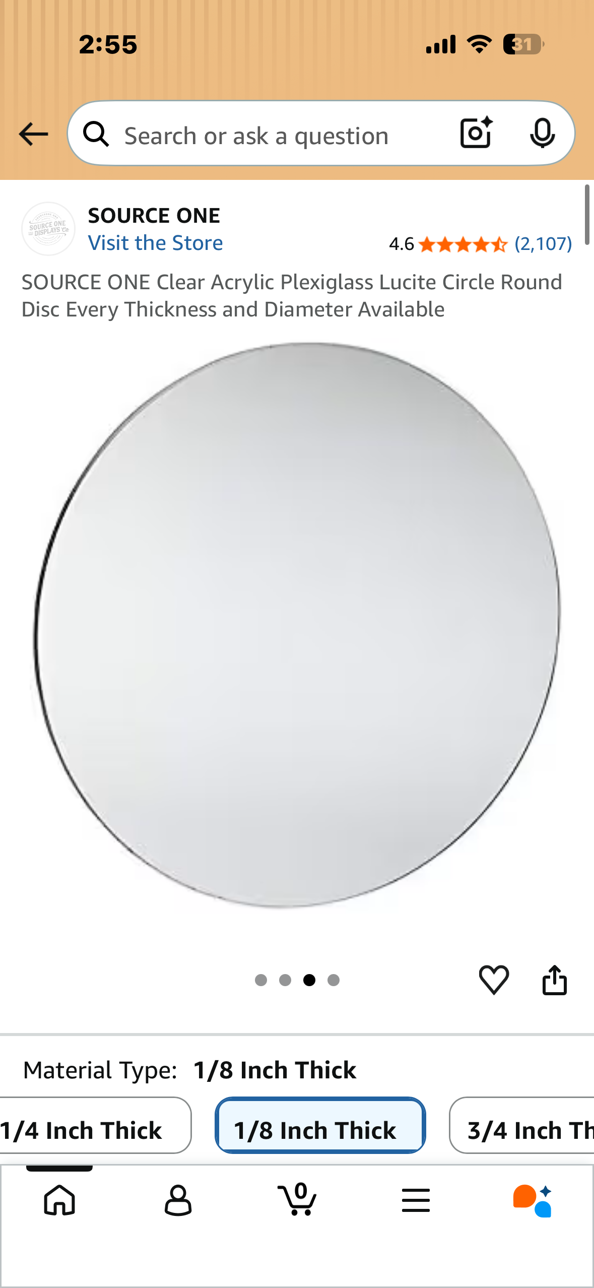 SOURCE ONE Clear Acrylic Plexiglass Lucite Round Disc 36” Round, 1/8” Thick (R930)