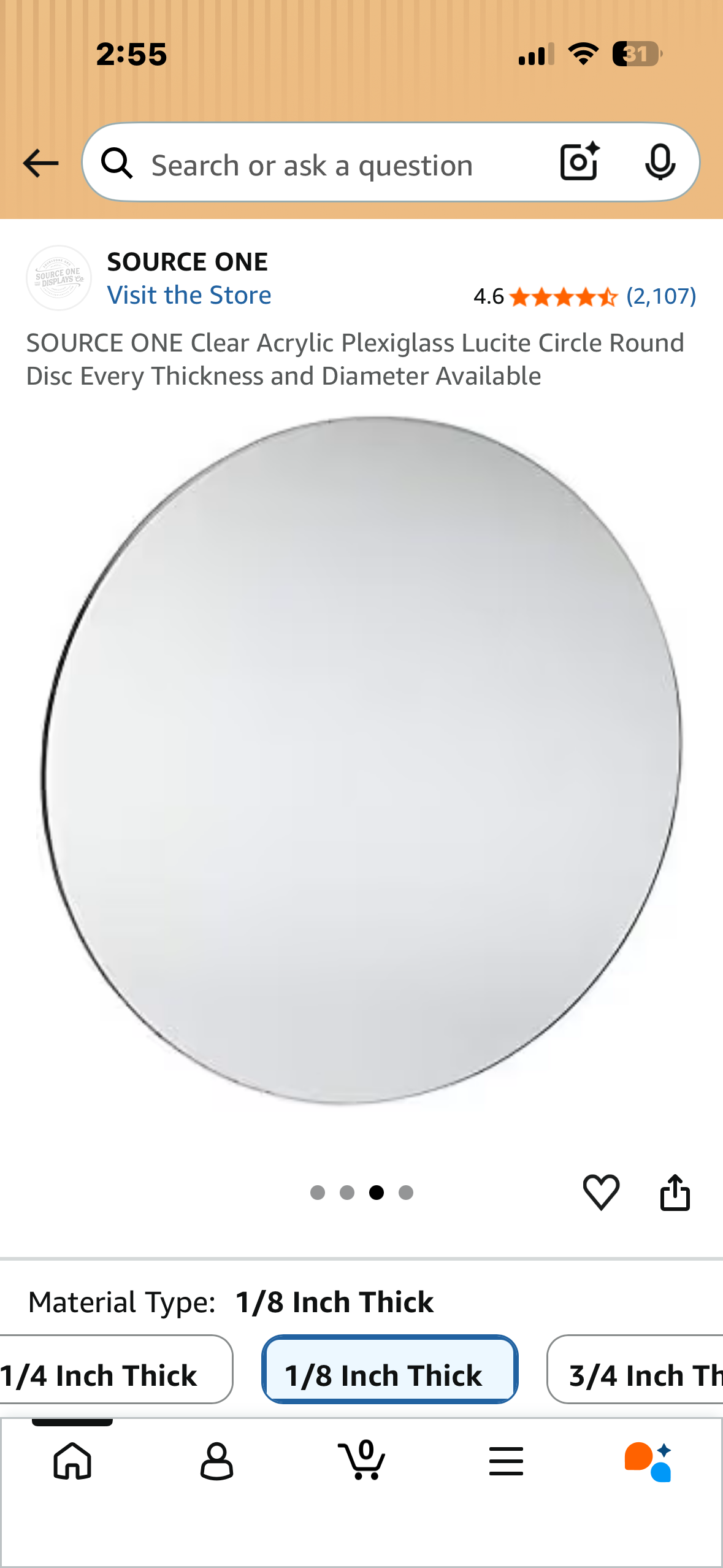 SOURCE ONE Clear Acrylic Plexiglass Lucite Round Disc 36” Round, 1/8” Thick (R930)