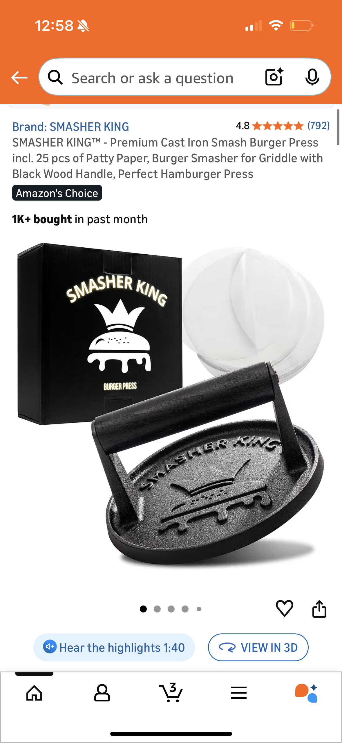 SMASHER KING™ - Premium Cast Iron Smash Burger Press incl. 25 pcs of Patty Paper, Burger Smasher for Griddle with Black Wood Handle, Perfect Hamburger Press