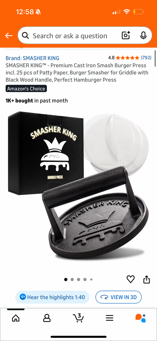 SMASHER KING™ - Premium Cast Iron Smash Burger Press incl. 25 pcs of Patty Paper, Burger Smasher for Griddle with Black Wood Handle, Perfect Hamburger Press