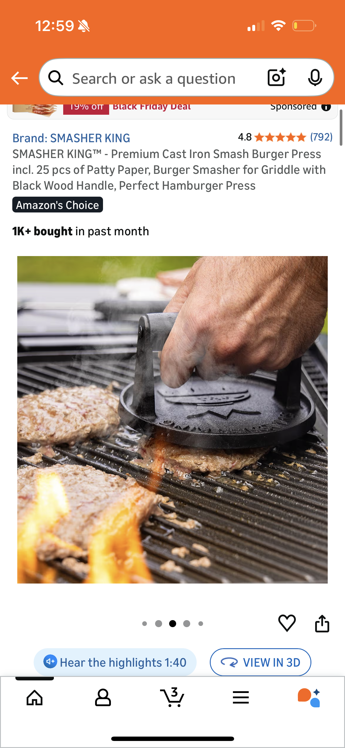 SMASHER KING™ - Premium Cast Iron Smash Burger Press incl. 25 pcs of Patty Paper, Burger Smasher for Griddle with Black Wood Handle, Perfect Hamburger Press