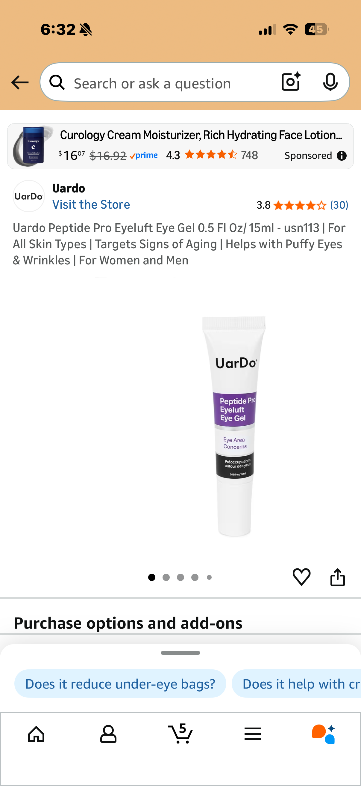 Uardo Peptide Pro Eyeluft Eye Gel 0.5 Fl Oz/ 15ml - usn113 | For All Skin Types | Targets Signs of Aging | Helps with Puffy Eyes & Wrinkles | For Women and Men