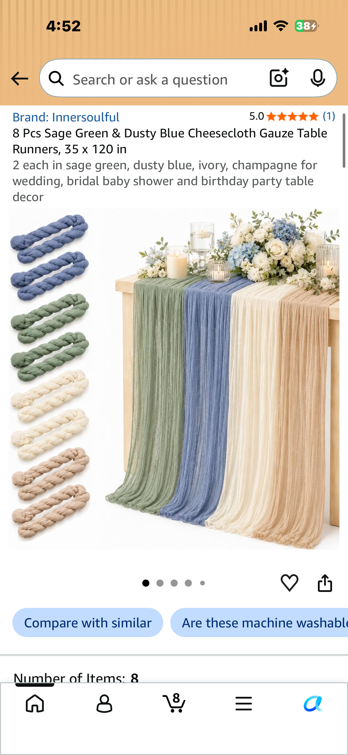 8 Pcs Sage Green & Dusty Blue Cheesecloth Gauze Table Runners, 35 x 120 in 2 each in sage green, dusty blue, ivory, champagne for wedding, bridal baby shower and birthday party table decor
